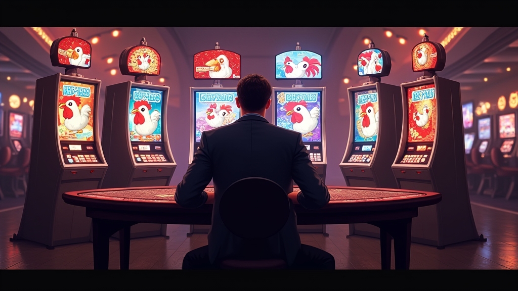 Player at casino surrounded by chicken-themed slot machines