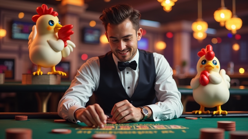 Player managing bankroll with chicken-themed graphics