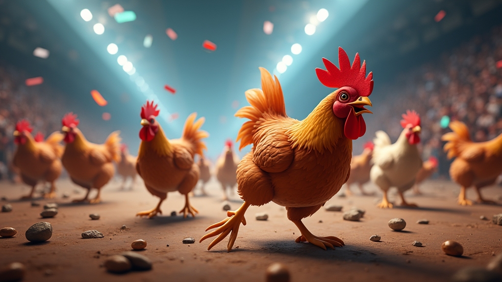 A dynamic scene of chickens racing in a vibrant gaming arena.